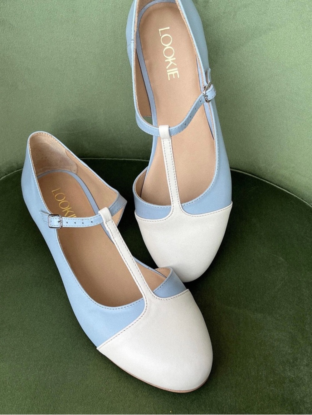 LOOKIE Women's T‑Strap Flats in Light Blue and Cream